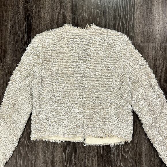 EUC L’AGENCE Cream Bouclé Tweed Open Front Frayed Jacket Sz 8 Silk Blend Cropped - Picture 5 of 16